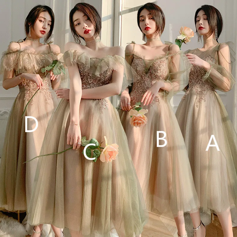 Cheap Tea Length Bridesmaid Dresses Short A Line Tulle Lace Appliques Boho Country Maid Of Honor Wedding Guest Gowns 2020 Stock