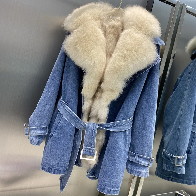 2022 Denim Parka Winter Jacket Women Medium Long Coat Suit Collar Real Thick Warm Fox Fur Liner Outerwear