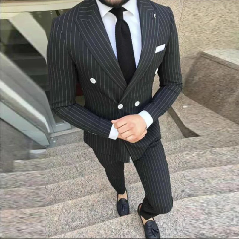 2020 Baru Bergaris Pria Cocok untuk Pernikahan Jas Pria Slim Fit Pesta Prom Pengantin Pria Tuxedo Gray Blazer Bersilang Celana 2 Buah Set