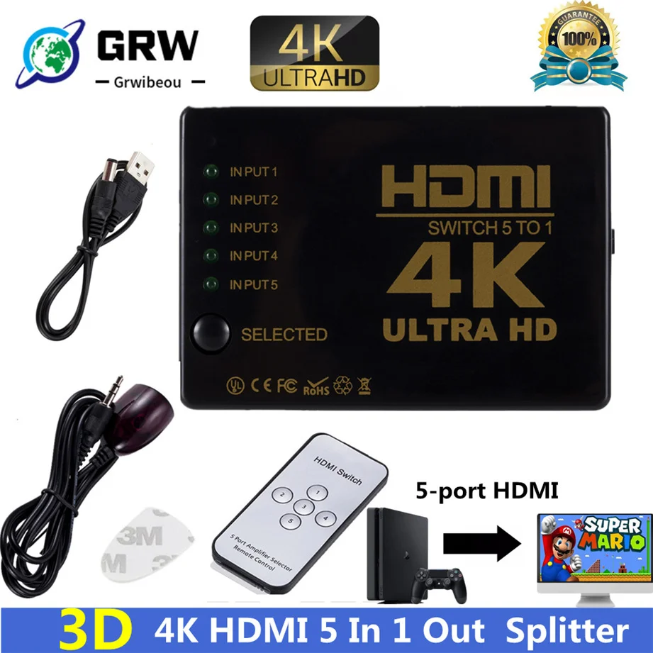 4K 2K 5x1 HDMI Cable Splitter HD 1080P Video Switcher Adapter 5 Input 1 Output Port HDMI Hub for Xbox PS4 DVD HDTV PC Laptop TV