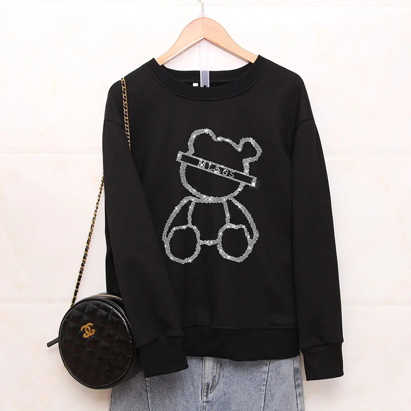 Spring Autumn Fashion Loose sweatshirt female Cartoon bear Pattern Hot diamonds Casual Round neck women long sleeve pullovers