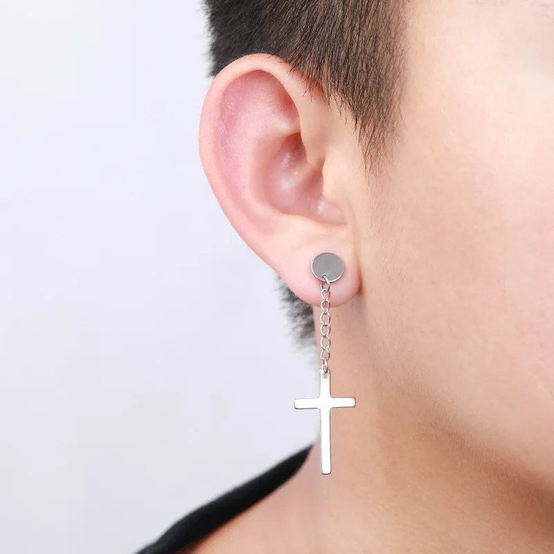 Newest 1 Pair Stainless Steel Cross Pendant Dangle Long Tassel Unisex Hoop Earrings Men/Women Punk Gothic Jewelry Best Gifts