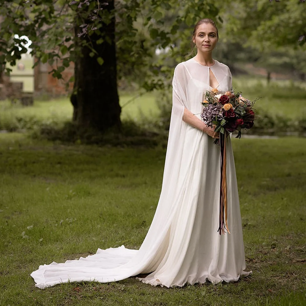 Ślubny szyfon ślubny długa peleryna kolację formalny płaszcz damski z okrągłym dekoltem na bal kobiet miękki elegancki bolerko biały czarny