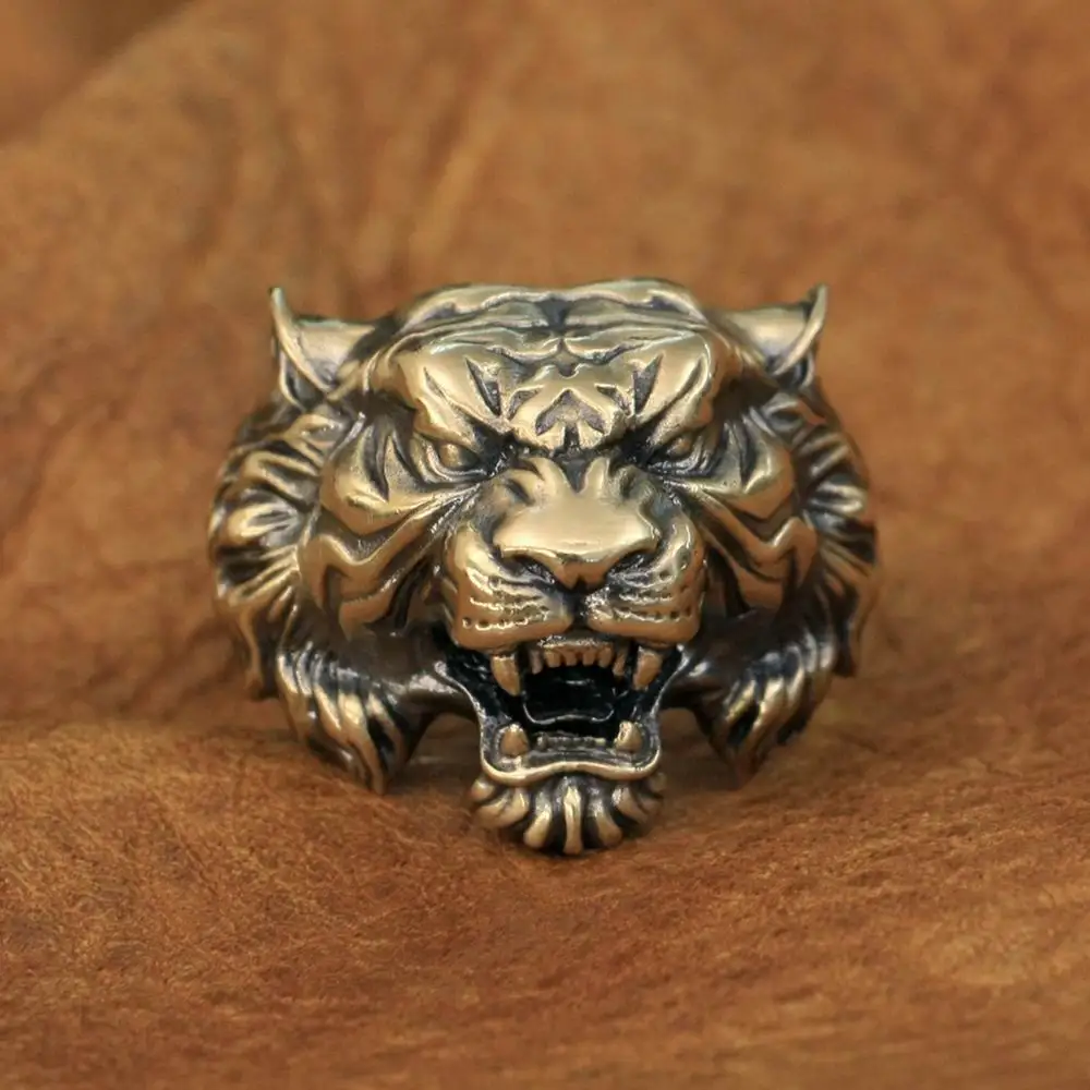 LINSION High Detail Brass Tiger Ring Mens Biker Rock Punk Ring BR130 US Size 7~15