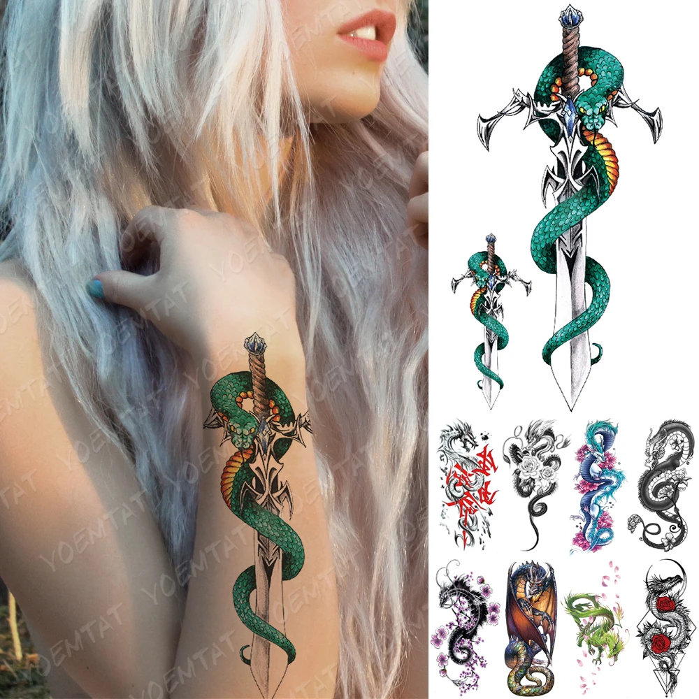 

Waterproof Temporary Tattoo Sticker Dragon Sword Snake Flash Tattoos Totem Skull Rose Body Art Arm Fake Sleeve Tatoo Women Men