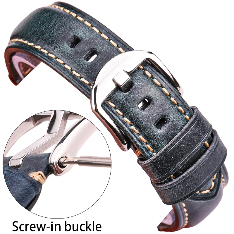 

Genuine Leather Watchband Bracelet 20mm 22mm 24mm 26mm Blue Green Red Brown Watch Band Strap Silver Screw In Buckle