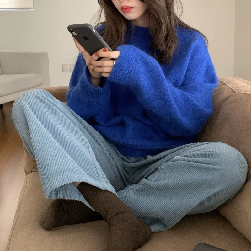 Women\'s Knitted Oversized Blue Sweater, O-Neck Pullovers, Loose Knit Jumper, Female Streetwear, Warm Outerwear, Autumn, Winter