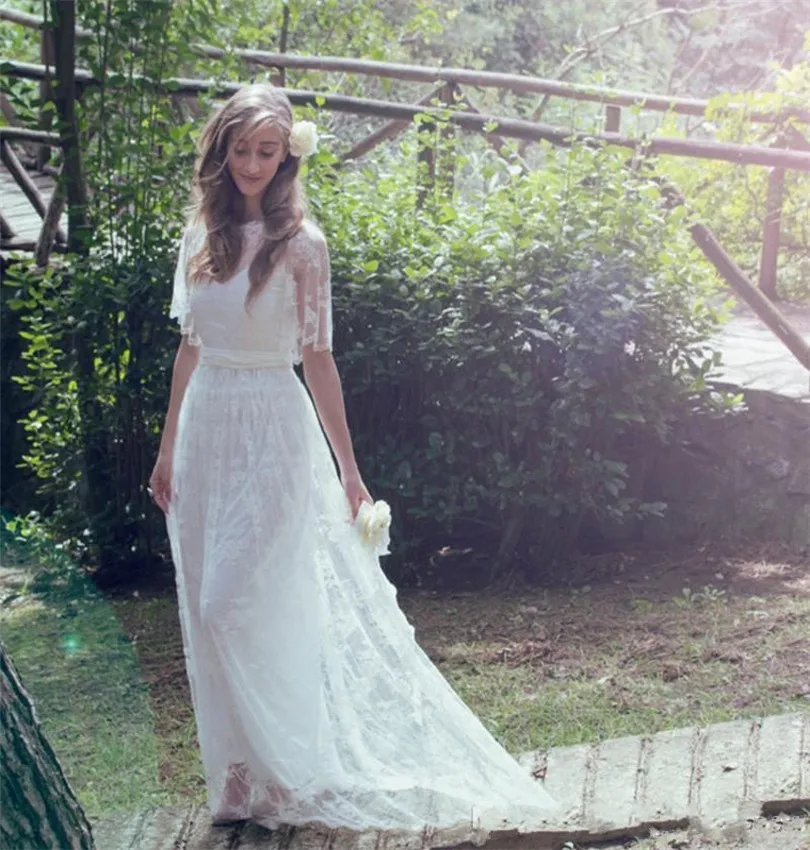 Della boemia Romantico Stile di Una Linea di Abiti Da Sposa 2019 Mezze Maniche Sheer Torna con il Telaio Boho Chic Abiti Da Sposa vestido de noiva