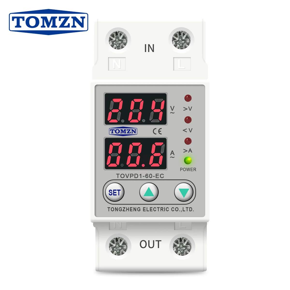 Doppio display a LED su guida Din regolabile da sovratensione corrente Dispositivo di protezione Relè di protezione 230 V TOMZN TOVPD1-63-EC