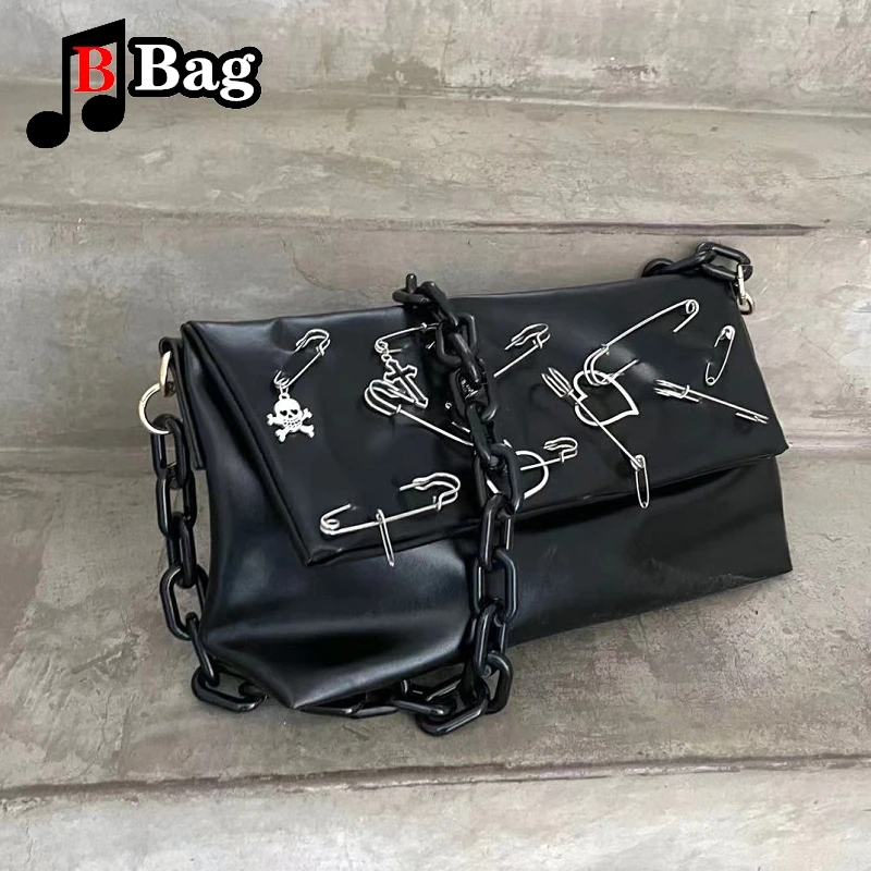 Y2K Gothic Women Girls punk pin Acrylic chain shoulder Bags Handbags Harajuku Female Hip hop Rock PU Leather messenger Bag totes