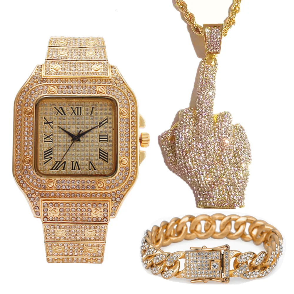 Iced Out Watch Necklace Bracelet for Men Luxury Diamond Gold Square Watch Men Bling Hip Hop jewelry Middle Finger Pendant Chain