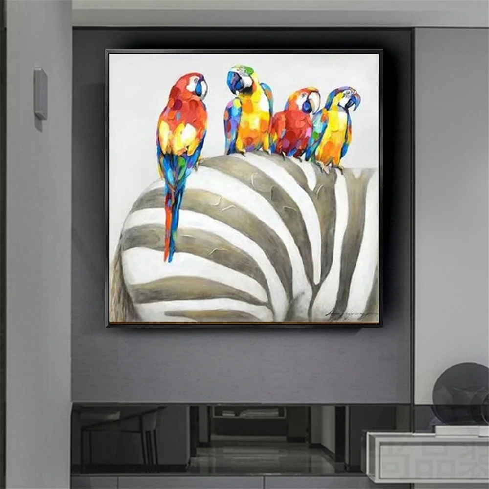 Hand Painted Canvas Oil Paintings Animal Wall Art Designed Home Decor Mural In Kids Room Parrot Standing On The Back Of A Zebra
