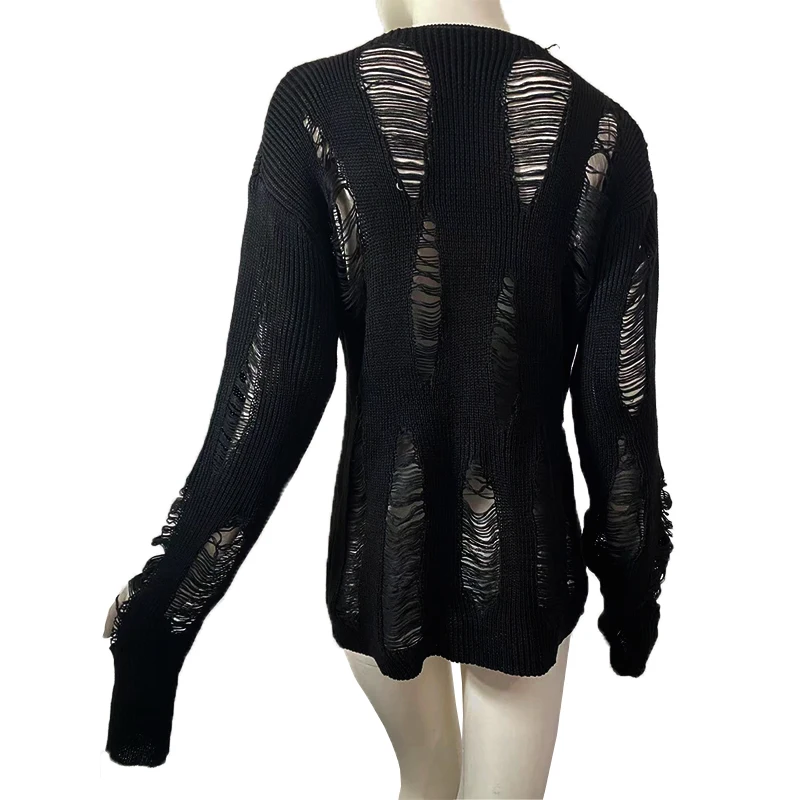 Solid Black Lady See Through Hollow Loose Sweaters Lady Knitted Broken Sexy Sweater 2022 Spring Mujer Pullover Ripped Jumpers