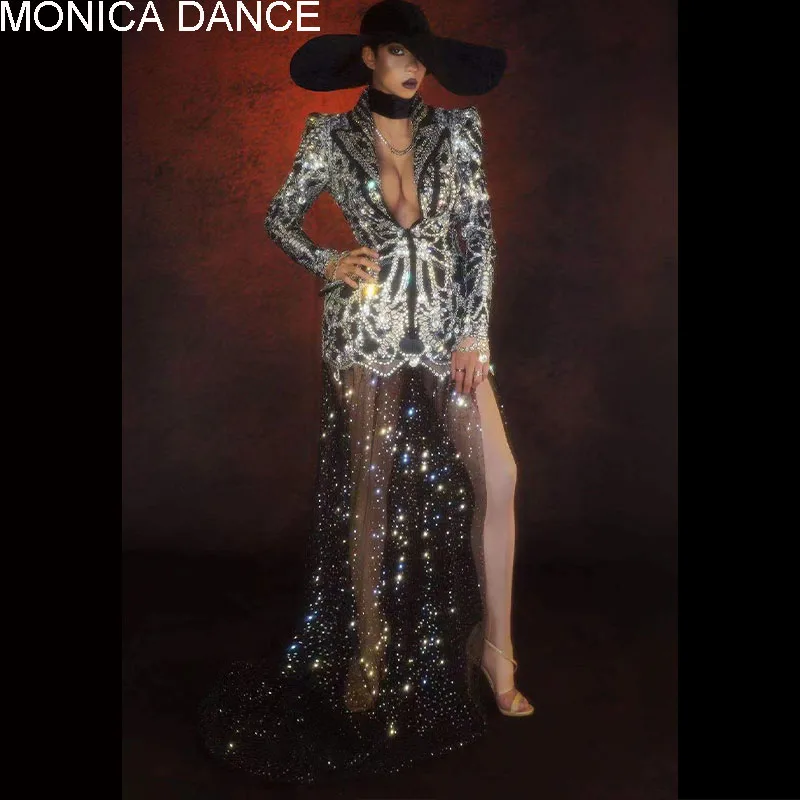 Sexy etap musujące wesele Rhinestone garnitury z siatki ogon kobiety głębokie V kryształowy płaszcz urodziny klub Prom kostiumy
