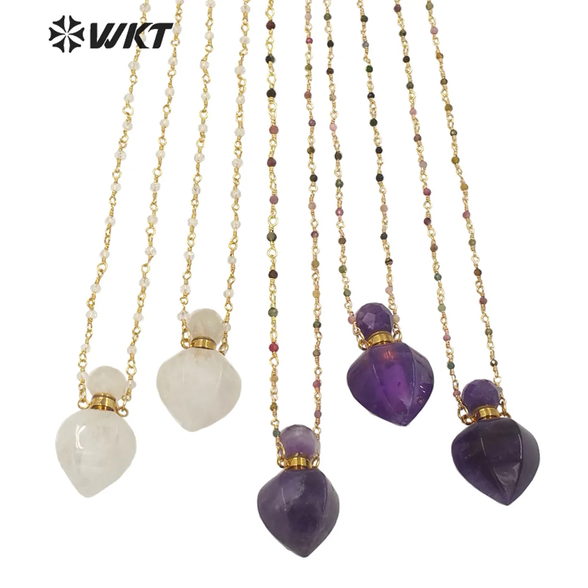 

WT-N1277 WKT Natural Crystal Pendant Necklace Women Jewelry Rosary Chain Heart Shape Amethysts Perfume Bottle Necklace