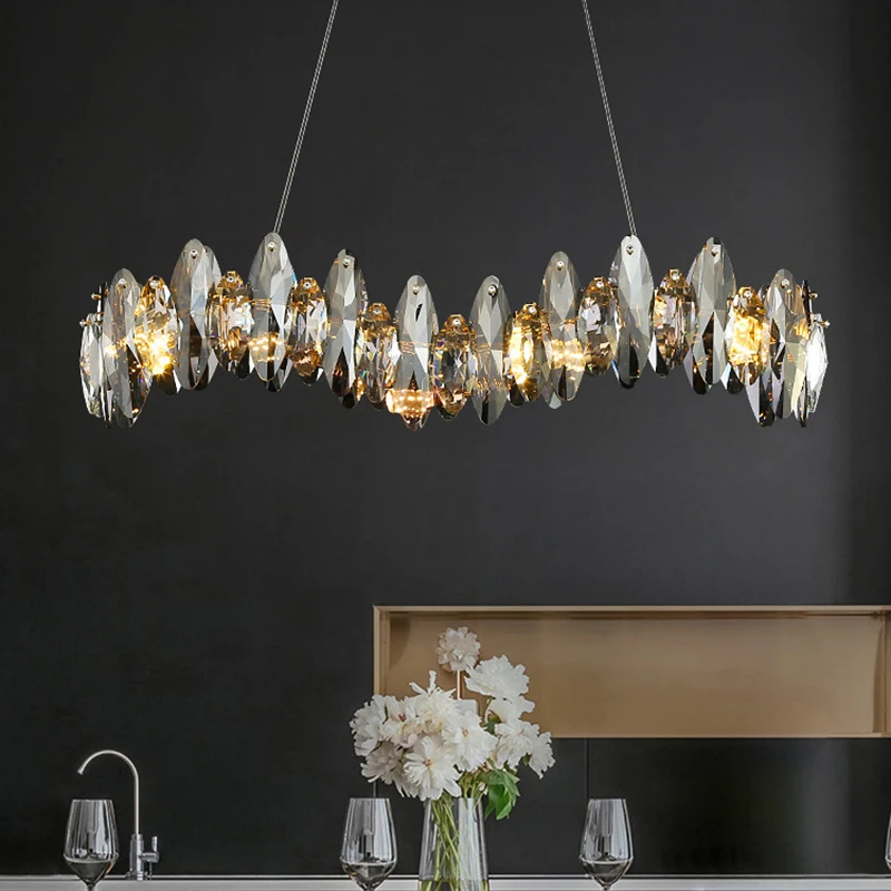 

Wave design modern crystal chandelier for dining room luxury smoky gray cristal lamp brief kitchen island hanging light fixture