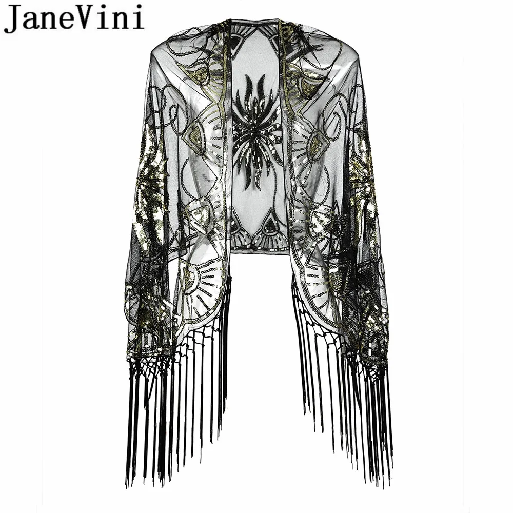 JaneVini Bling Silver Sequins Bridal Shawls Wraps Capes Beaded Gold Bolero Sequin Estola Tassel Shrugs for Women Evening Dress