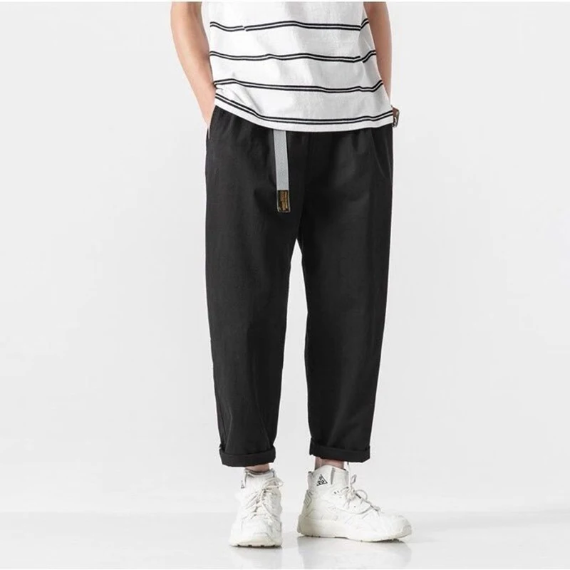 Cotton Man Pants Streetwear Wide leg Harem Pants Sweatpants Male Korean Fashion Trousers With Belt Causal Embroidery