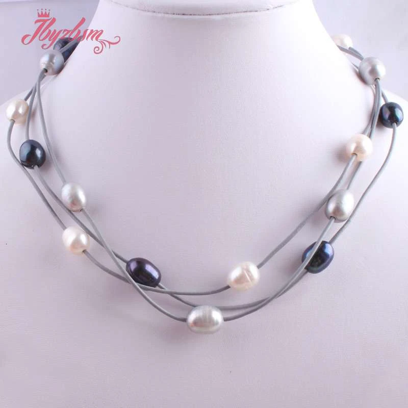 10-12mm Oval Freshwater Pearl Natural Stone Beads For Christmas New Year Gift Jewelry Leather Necklace Lobster Clasp 16\