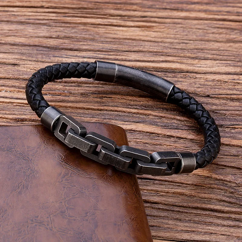 Vintage Punk Style Men Bracelet Bicycle Chain Stainless Steel Chain Bracelet Black Quality Leather Bracelets for Men Jewelry