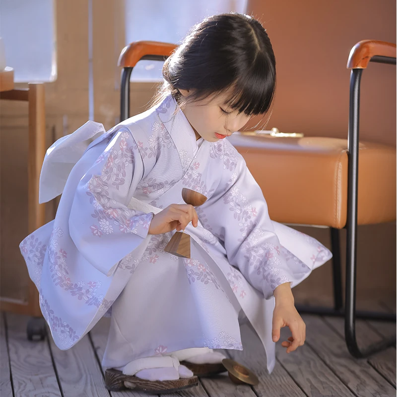 New Arrival Japanese Children\'s Kimono Yukata Purple Daisy Printed Design Girls Outfits Clothes Stage Performance Costume ZL895