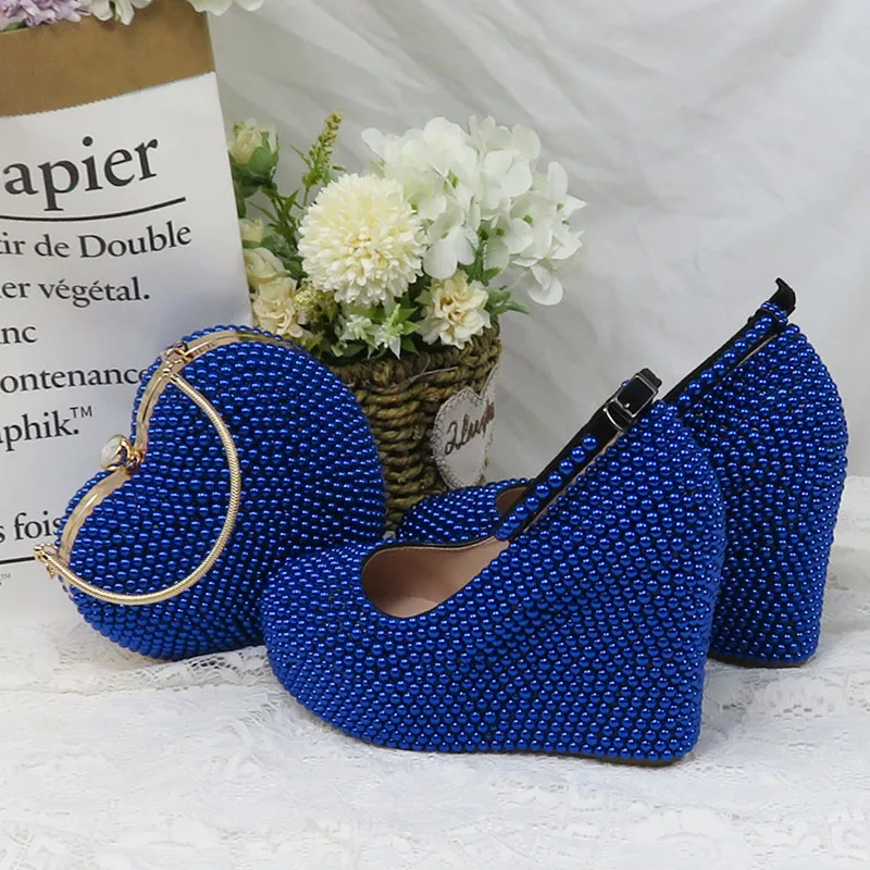 BaoYaFang Royal Blue Pearl Ankle Strap Wedding shoes and bags platform shoes Wedges Woman Pumps High Shoes Buckle Round Toe