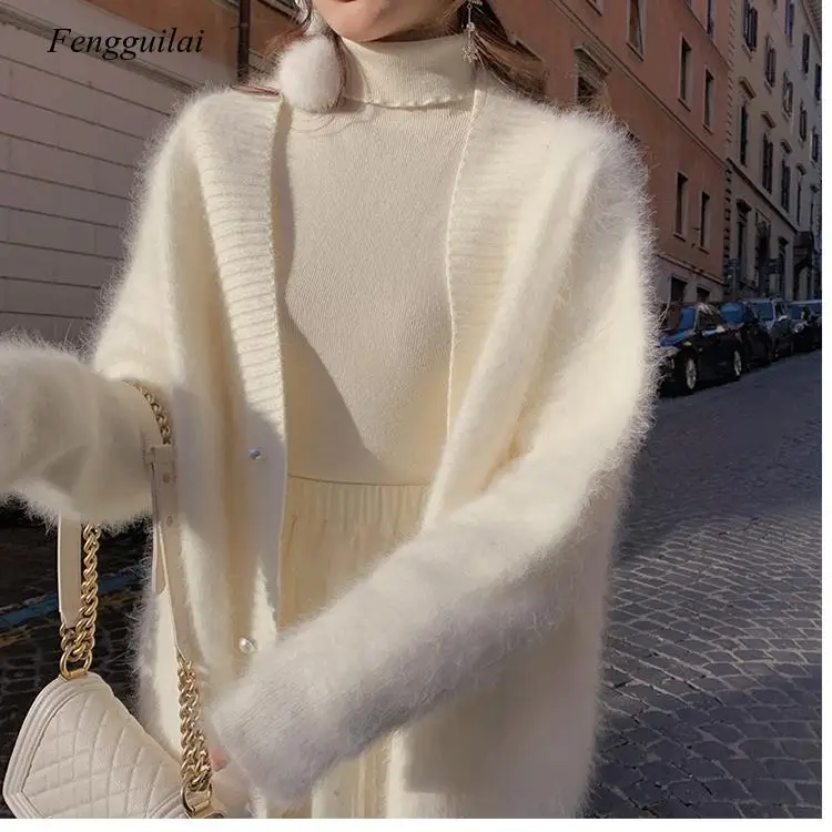 

White Mohair Sweaters Chic Cardigan Women Winter Hairy Soft Solid Woman Sweater Coat V Neck Cardigan Female Jacket Outwear