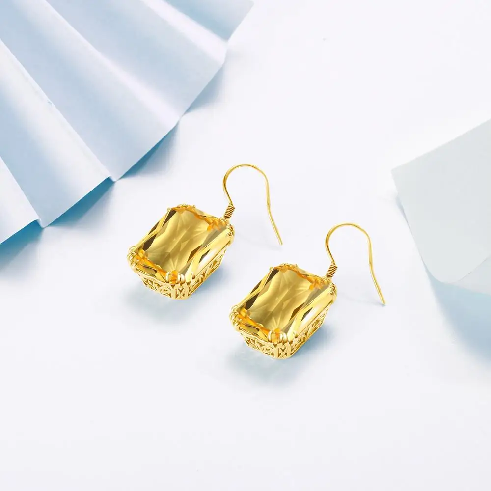 18K Gold Color Citrine Drop Earrings Genuine 925 Sterling Silver Hanging Earrings For Women Vintage Female Jewelry Trending 2024
