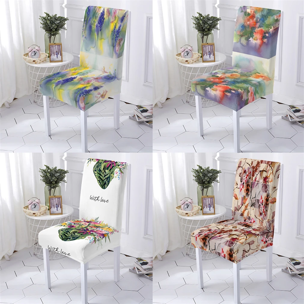 

Plant Style Chair Cover Stretch Office Chair Covers Kitchen Chairs Watercolor Flowers Printing Dining Chaircase Home Stuhlbezug