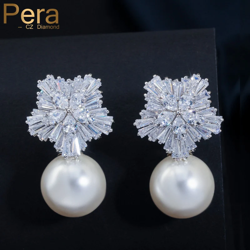 Pera Noble Design CZ Brand Jewelry Big Freshwater Simulated Pearl Long Drop Bridal Wedding Party Earrings for Brides E027