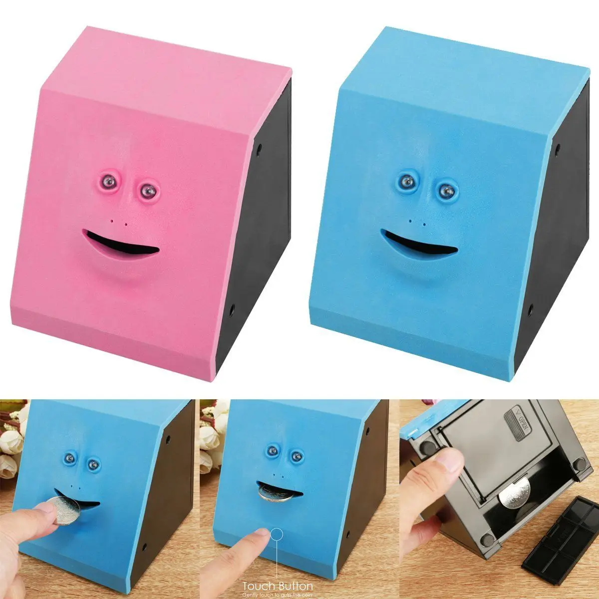 Human Face Piggy Bank Intelligent Sensor Will Move The Facial Features Automatically Open Mouth Eating Money Box Saving Bank