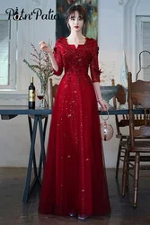 Wine Red Evening Dresses With 3/4 Sleeves Luxury Appliques A-line Floor-length Women Formal Gowns For Wedding Long