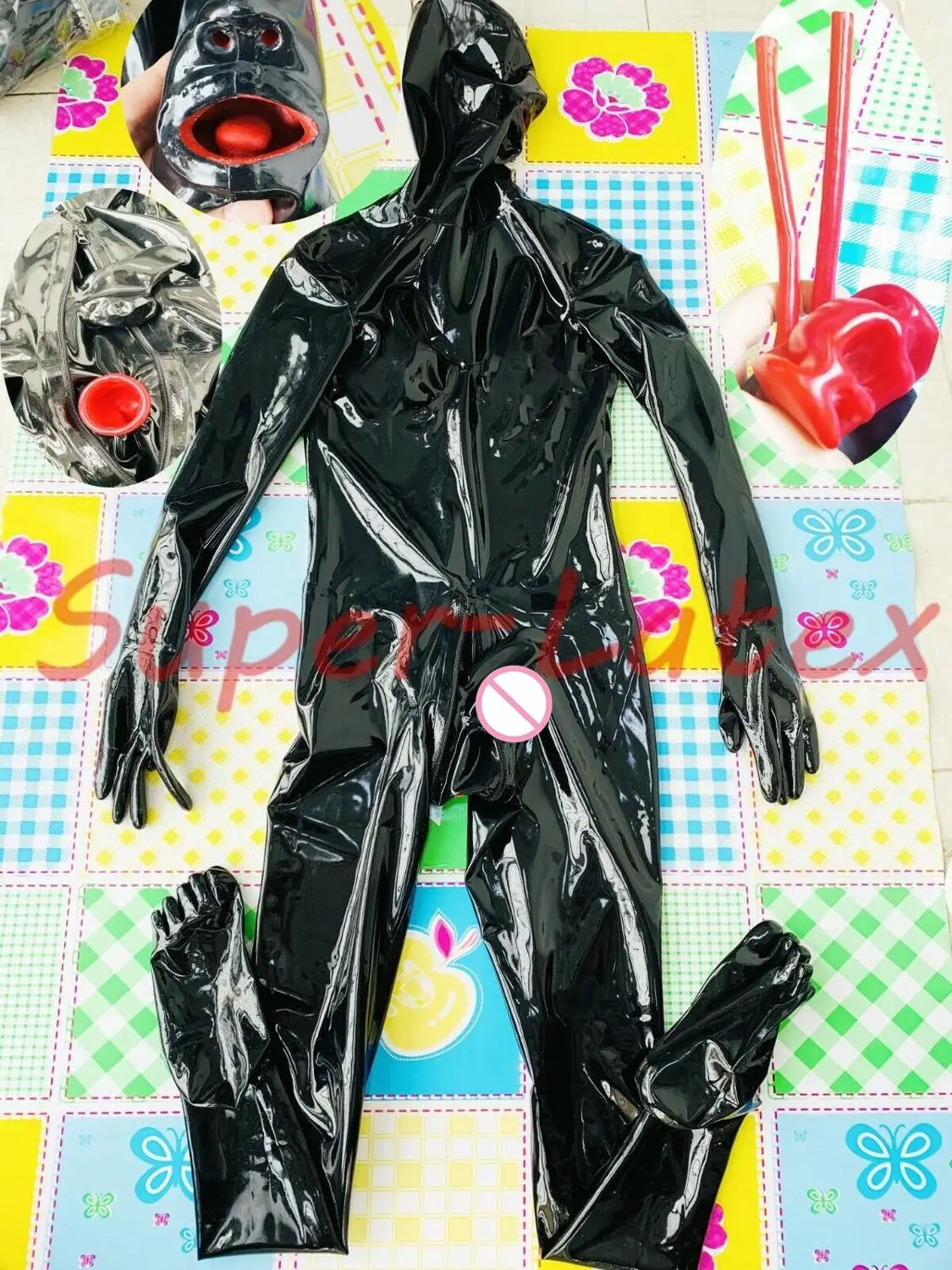 

LATEX CATSUIT WITH TOES MESH EYES 15CM LONG NOSE TUBE RED TEETH ZIP HIDDEN TWO CONDOM CUSTOM MADE