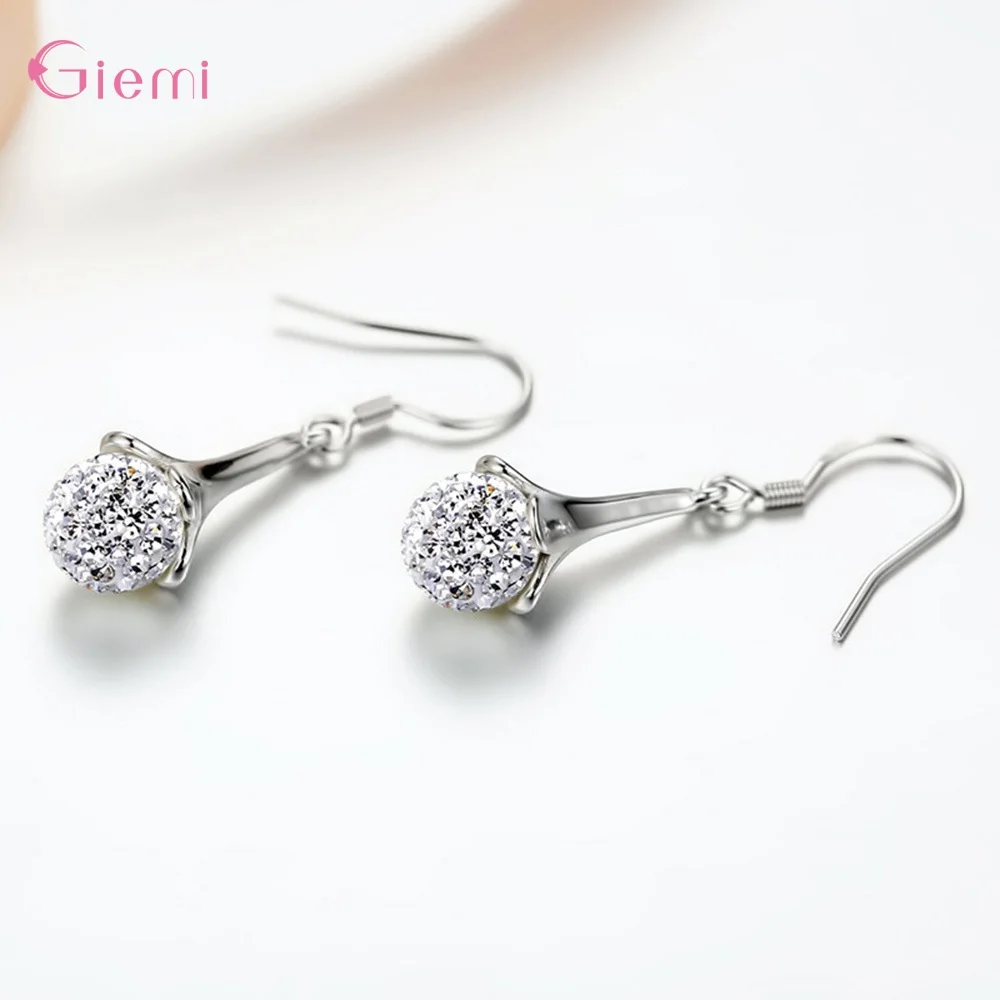 Hot Sale Stylish 925 Silver Stunning Shinny Round Full Crystal Women Drop Earrings For Female Girls Party Jewelry