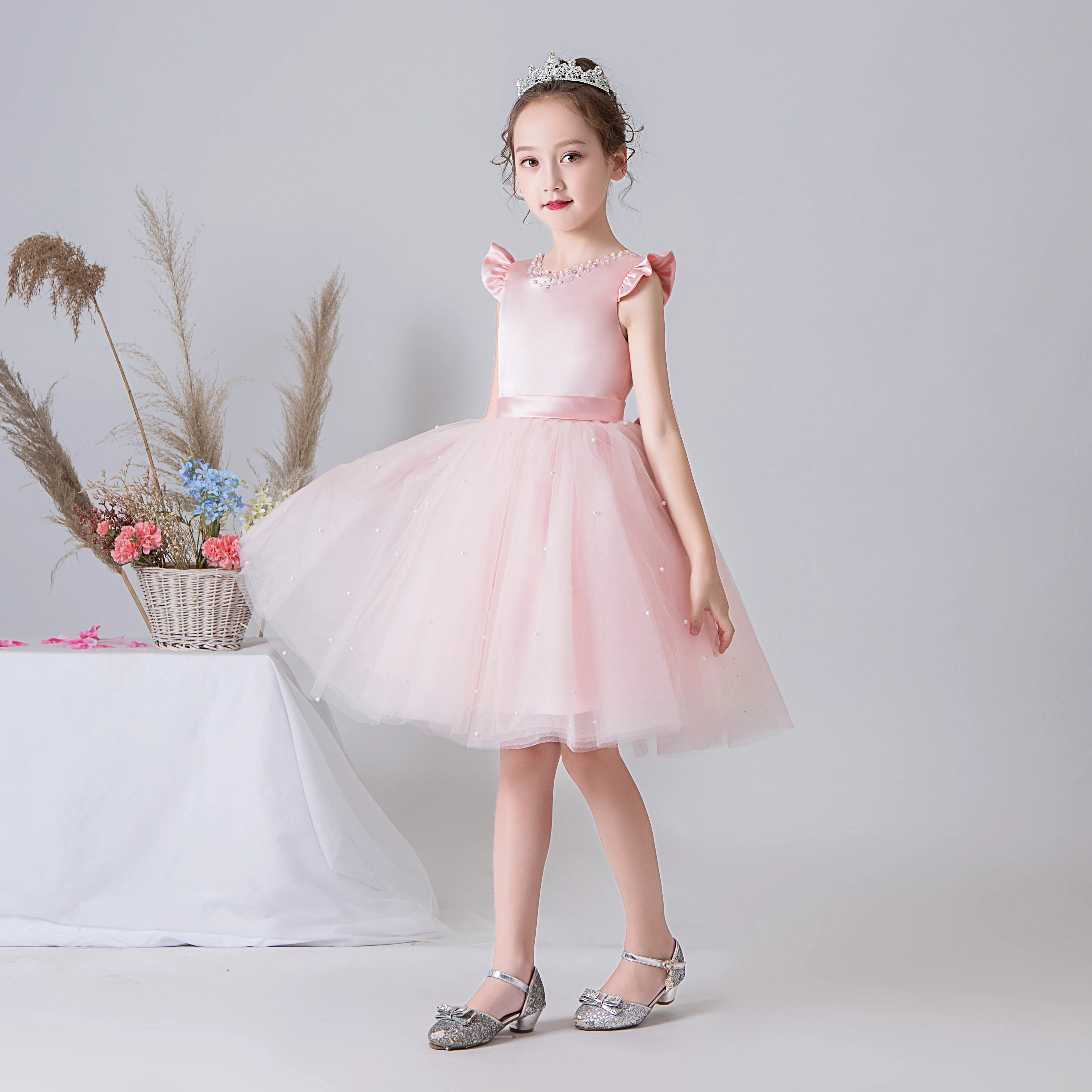 Kid Bé Gái Chính Thức Đầm Công Chúa Ngắn Cuộc Thi Đồ Bầu Hồng Satin Voan Dễ Thương Hoa Bé Gái Váy Đầm Cho Đám Cưới Sinh Nhật Đồ Bầu