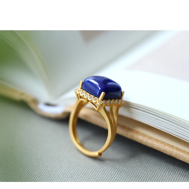 S925 Sterling Silver Gold-plated Inlaid Lapis Lazuli Geometric Square Female Temperament High-end Simple Open Ring