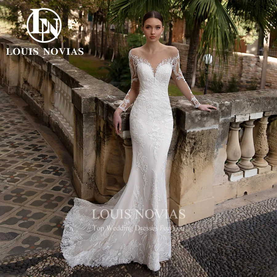 LOUIS NOVIAS-Vestido de noiva sereia com trem destacável para mulheres, manga comprida, apliques de renda, vestido de casamento 2 em 1