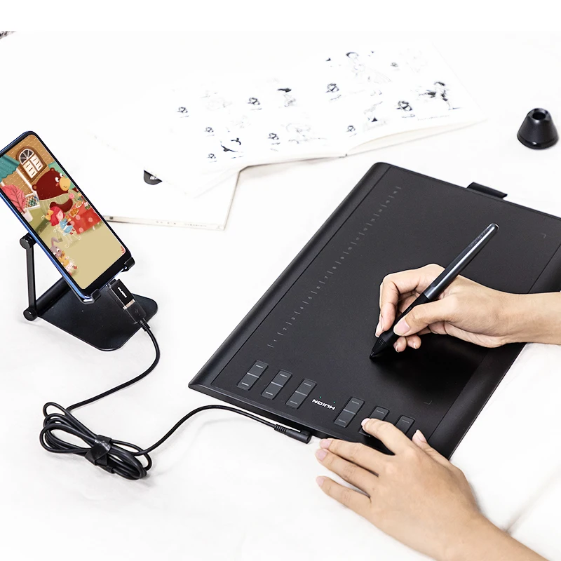 HUION H1060P Graphics Tablet 10x6.25 Inch Battery-Free Stylus Digital Drawing Tablet OTG Adapter Android Phone Connection