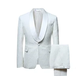 Mens Suits Shawl Collar 2 Pieces Slim Fit White Ivory Suit Mens Groom Jacket Tuxedos for Wedding Dress Evening(Blazer+Pants)