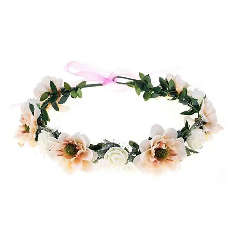 Women Elegant Rose Flower Headband with Adjustable Ribbon Wreath Crown Floral Wedding Hair Garland for Activities Party