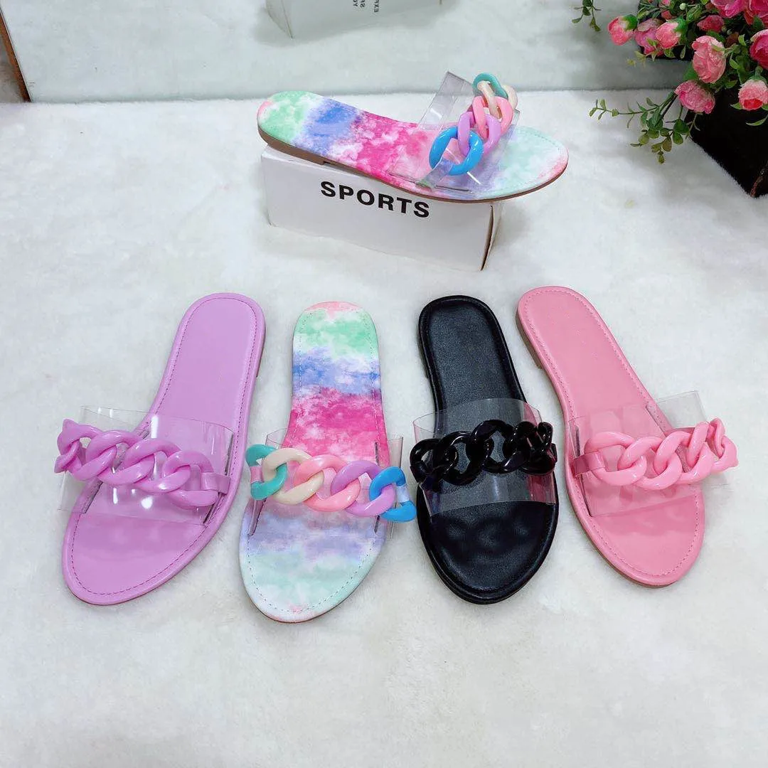 

Cute 2021 Women Summer Slipper Candy Chain Slippers Slip on Flat Slide Sandals Beach Flip Flops Casual Shoe Ladies Big Size
