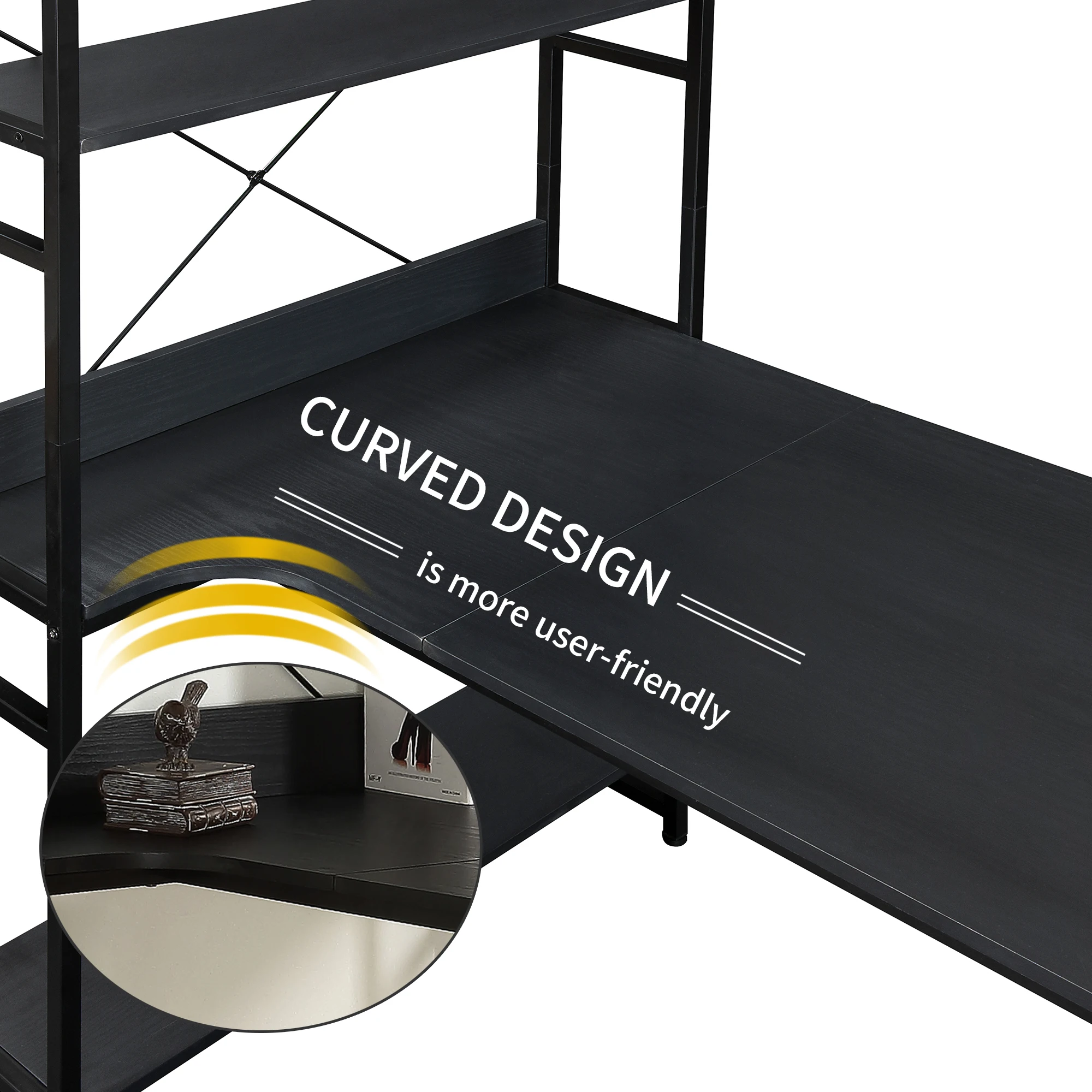 Home Office Computer Desk PC Laptop Study Table Metal Frame & MDF Board with 5 Tier Open Bookshelf Plenty Storage Space 3-Color