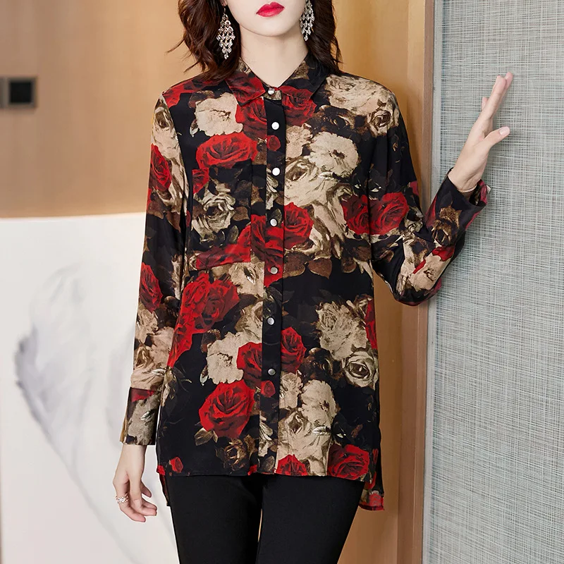 Real Silk Shirts Womens Tops and Blouses Long Sleeve Blouse Spring Autumn Print Vintage Blusas Mujer De Moda 2020 F1010 YY2596