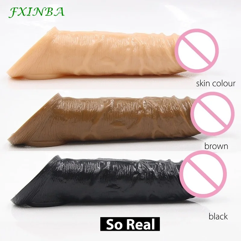 FXINBA 21cm Realistic Penis Sleeve Extender Large Reusable Penis Condom Delay Silicone Extension Sex Toy for Men Cock Enlarger