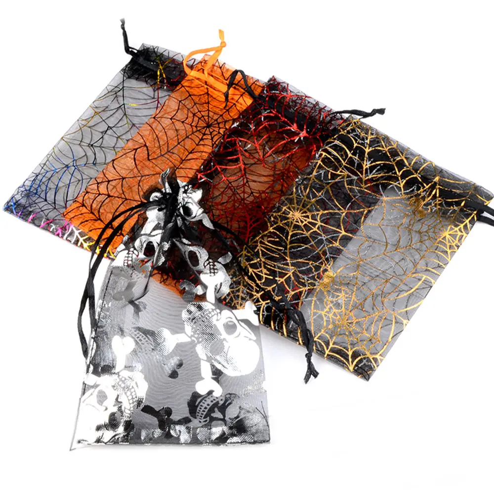 

10x15cm Halloween Organza Gift Bag Drawstring Spider Web Multi Color Printing Packaging Gift High Quality Candy Bag