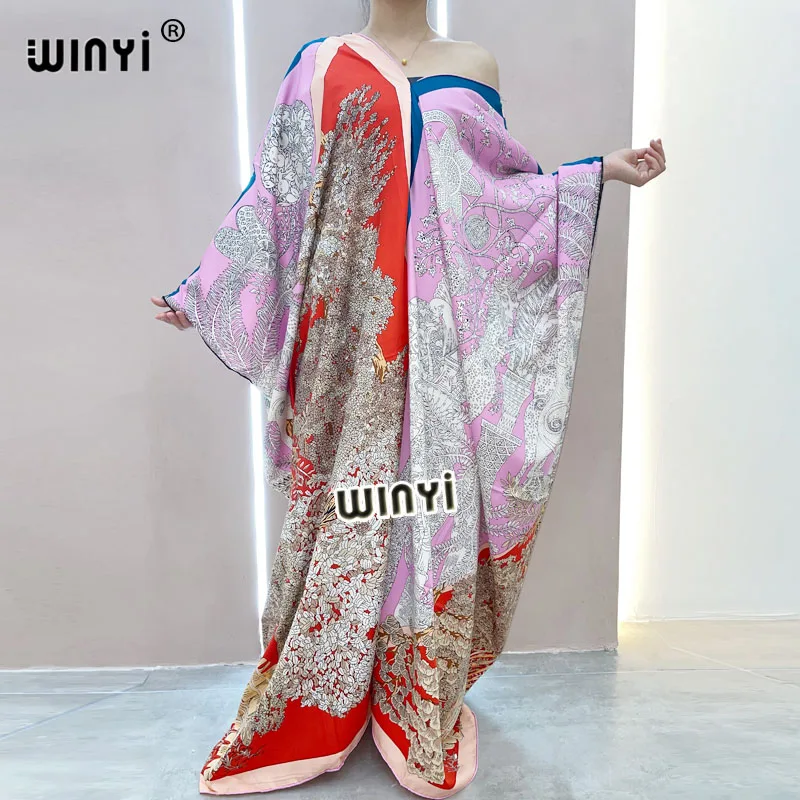 Summer Middle East high-quality hand-rolled twill fashion print 2021 WINYI Maxi women's robes long beach V-neck Bohemian dress