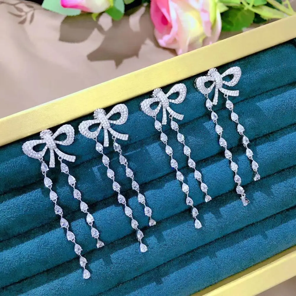 

925 sterling silver with cubic zircon bowknot drop earring long tassels cute romantic fine women jewelry free shipping