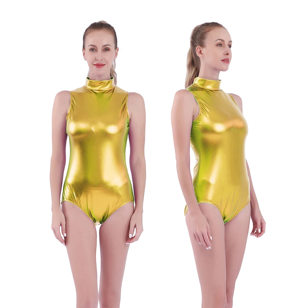 AOYLISEY Women Gold Sleeveless Ballet Dance Leotards Shiny Metallic Suits Gymnastics Bodysuits Skinny Stage Festival Costumes