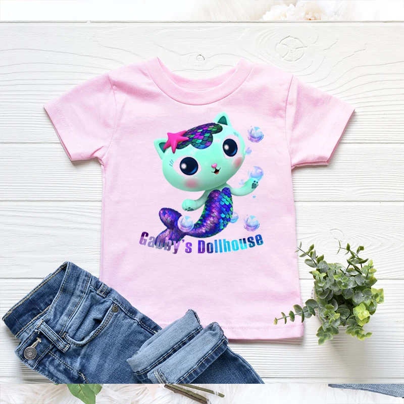 Camisetas con estampado de dibujos animados de casa de muñecas para niñas, ropa para niños, camisetas informales de moda para bebés, camisetas blancas y rosas