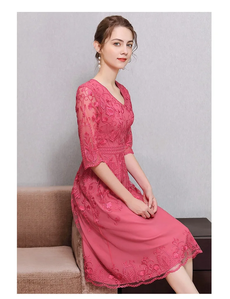 High Quality Brand Women\'s Dress 2021 Summer Bride Party Women V-Neck Allover Appliques Embroidery Slim Fit A-Line Dress Luxury